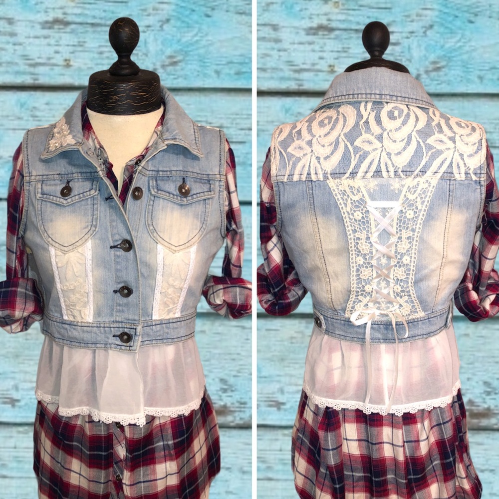 Upcycled Vintage Lace Corset Back Light Denim Vest